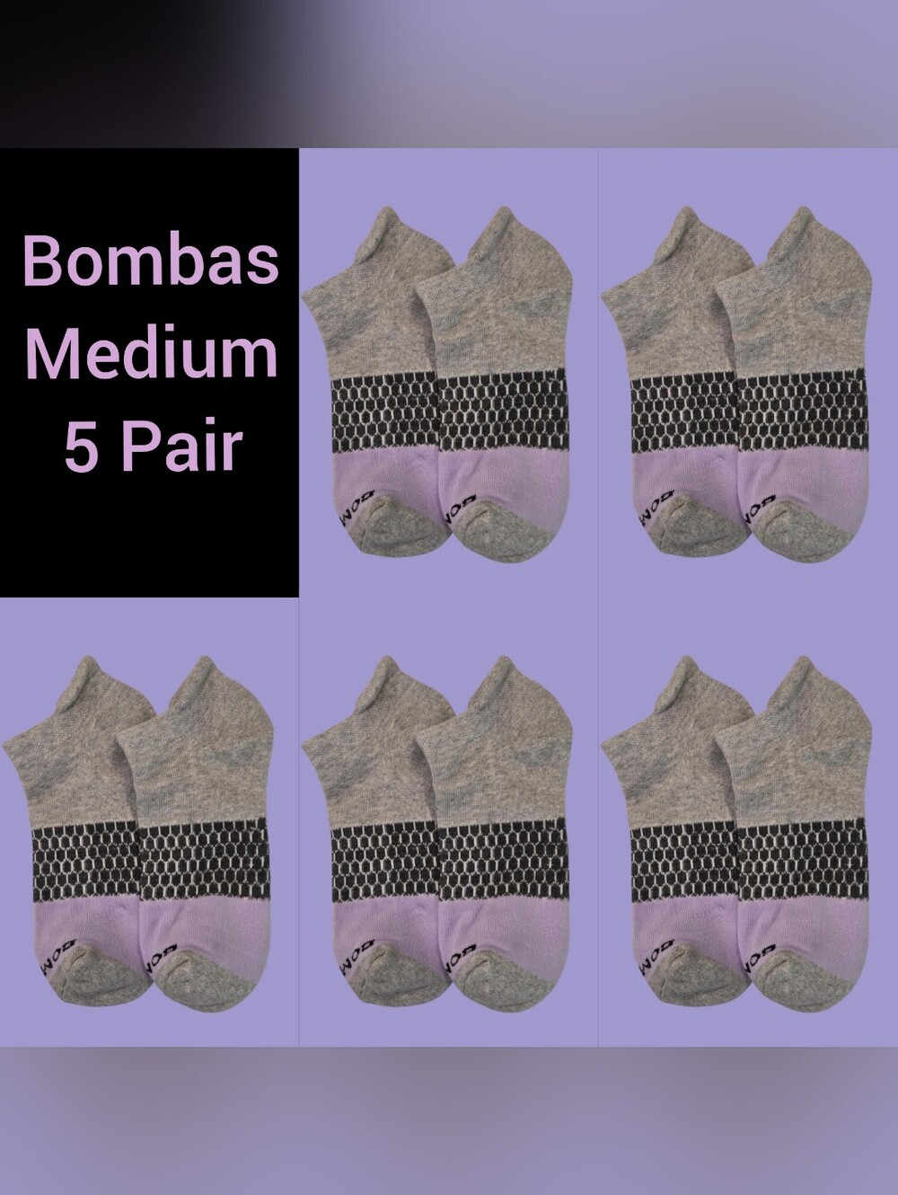 Bombas Medium Ankle Socks Purple & Gray 5 Pair BNWT Unisex Honeycomb Arch Suppor
